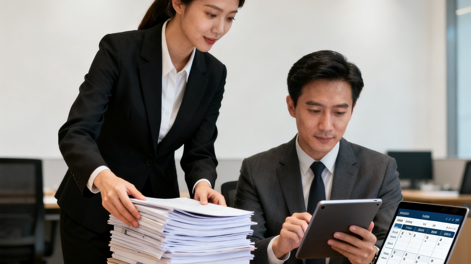 公海贵宾会企业高管商务秘书服务：专业秘书正在协助高管整理会议资料并同步数字日程，展示高效、私密、全方位的商务支持体验。