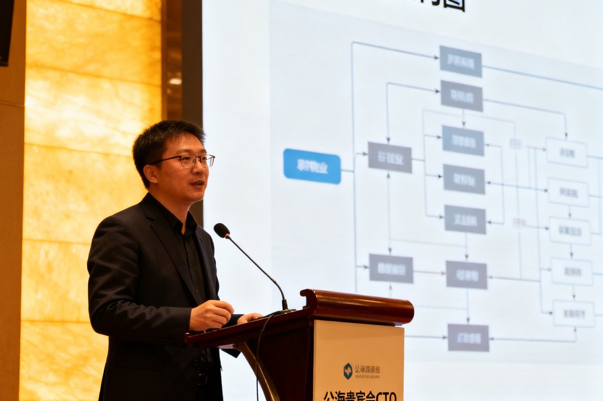 公海贵宾会CTO陈思睿博士在2025智慧物业高峰论坛上发表主题演讲，大屏幕上展示着AI物业系统的架构图。