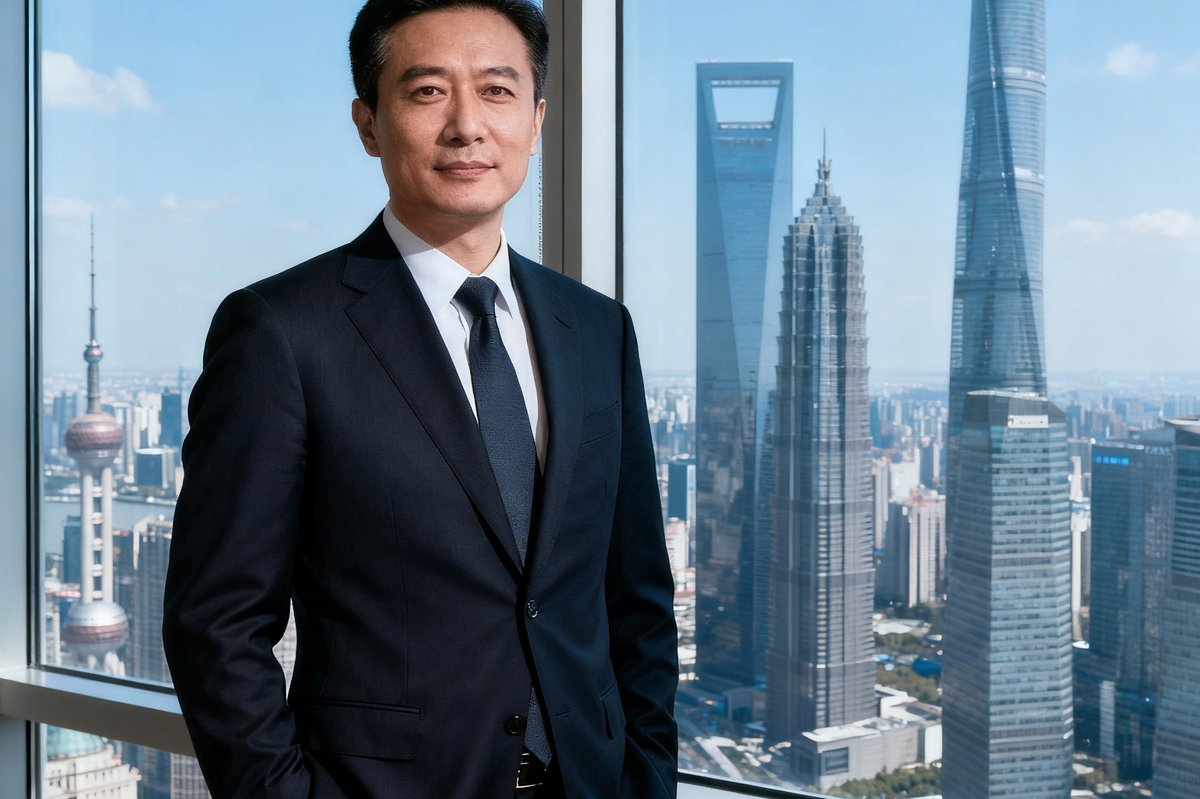 公海贵宾会创始人周明远先生，身着深色商务西装，站在上海陆家嘴落地窗前，神情从容自信，身后是城市天际线。